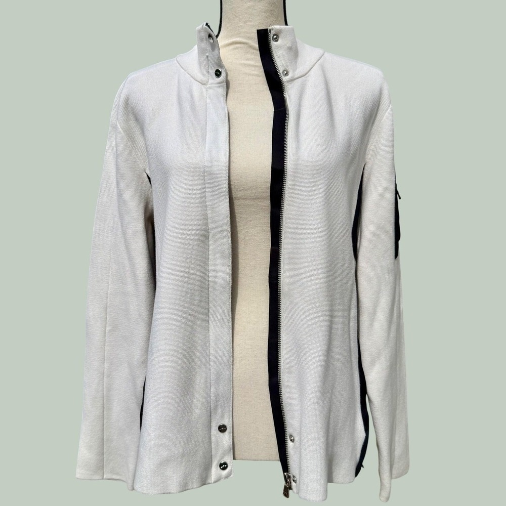 Lauren Ralph Lauren Cream Black Colorblock Zip Mock Neck Sweater Jacket LRL